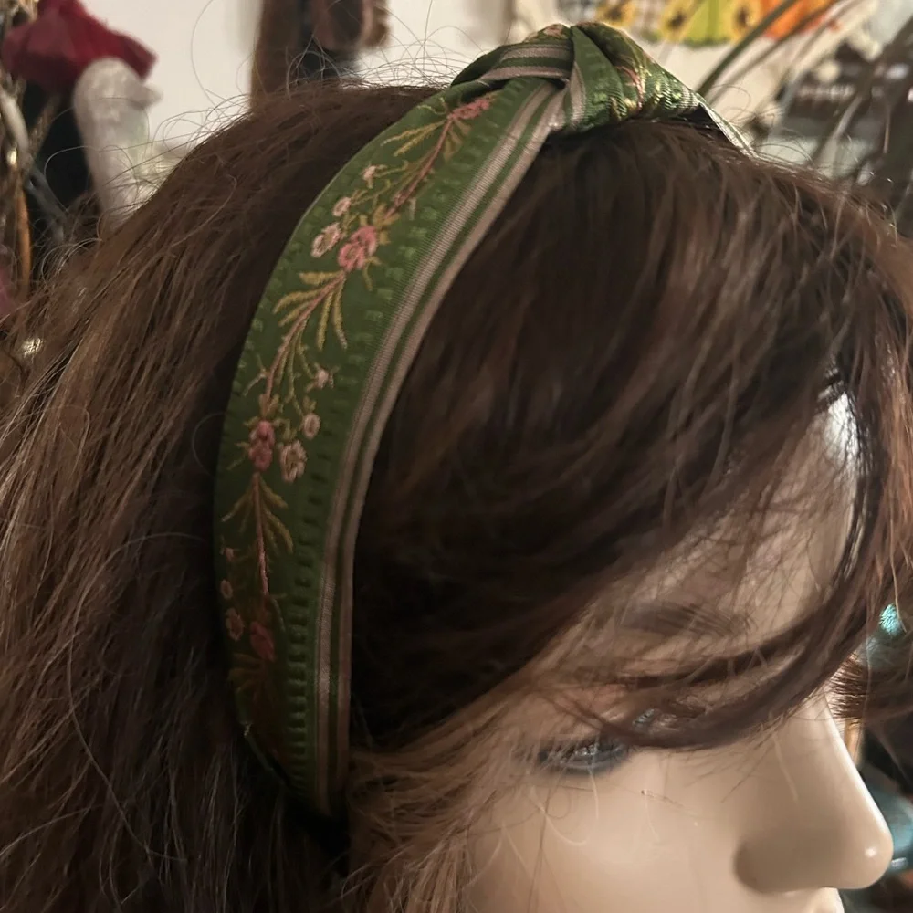 Green Floral Embroidered Twist Knot Headband